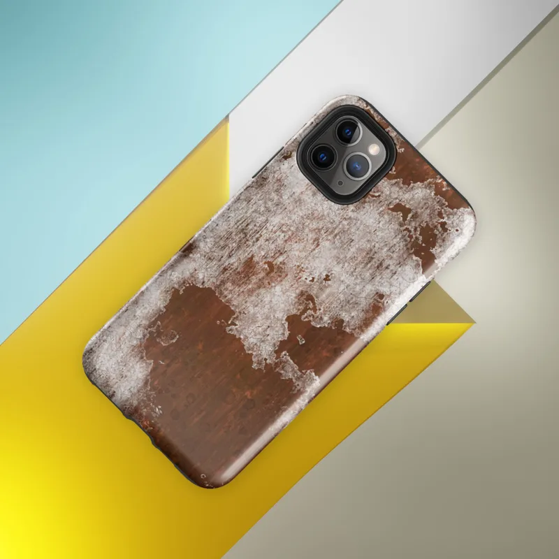 Glossy Rust and Ruin Tough Case for iPhone — peeling white paint over deep rust-red corroded iron metal surface with streaks