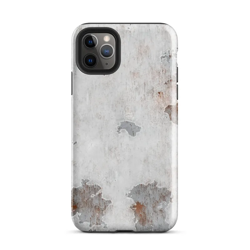 Glossy Weathered Metal Rust Patina Tough Case for iPhone — peeling white paint on aged metal revealing grey steel and deep