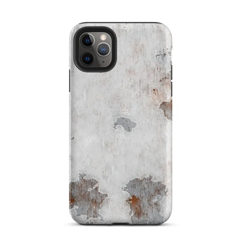 Matte Weathered Metal Rust Patina Tough Case for iPhone — peeling white paint on aged metal revealing grey steel and deep