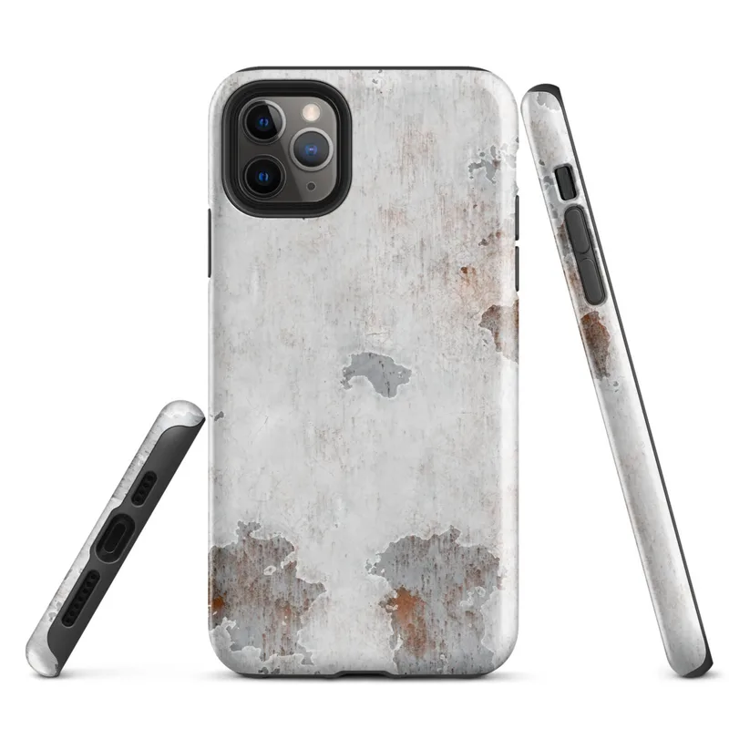 Glossy Weathered Metal Rust Patina Tough Case for iPhone — peeling white paint on aged metal revealing grey steel and deep