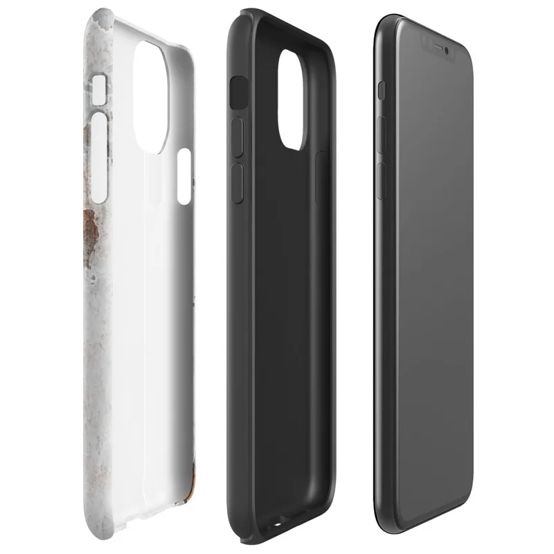 Glossy Weathered Metal Rust Patina Tough Case for iPhone — peeling white paint on aged metal revealing grey steel and deep