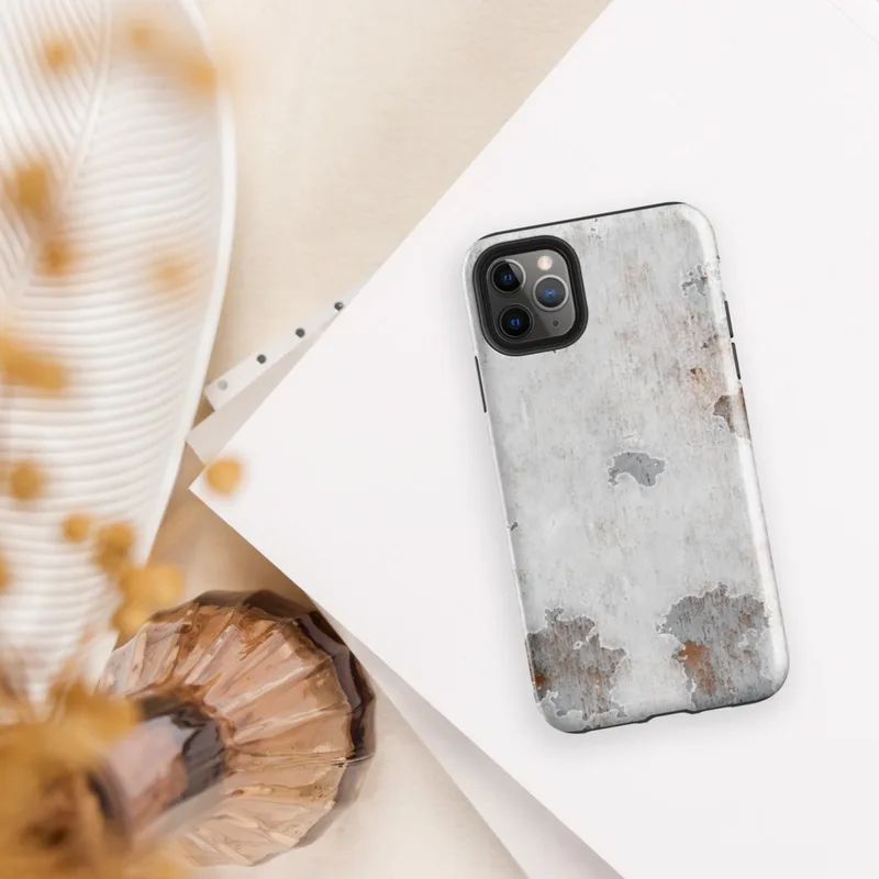 Glossy Weathered Metal Rust Patina Tough Case for iPhone — peeling white paint on aged metal revealing grey steel and deep