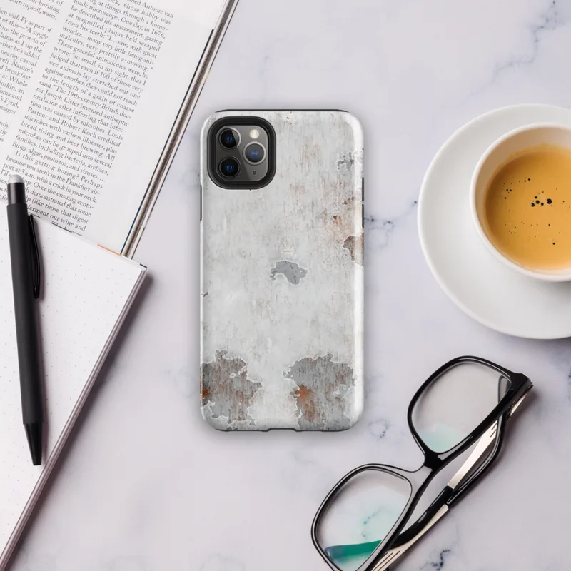 Glossy Weathered Metal Rust Patina Tough Case for iPhone — peeling white paint on aged metal revealing grey steel and deep