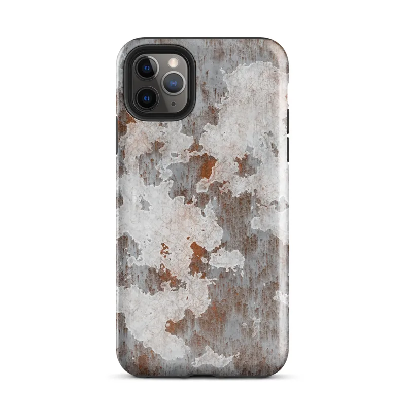 Glossy Rusted Iron Industrial Tough Case for iPhone — peeling white paint over rusted corroded metal surface in burnt