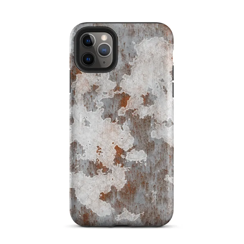 Matte Rusted Iron Industrial Tough Case for iPhone — peeling white paint over rusted corroded metal surface in burnt orange