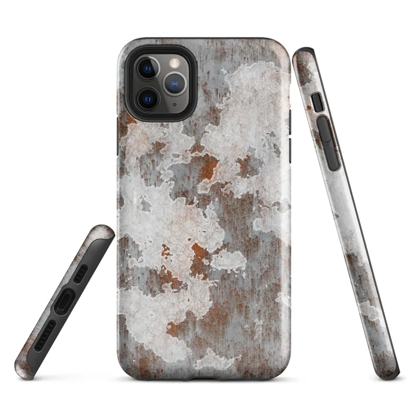 Glossy Rusted Iron Industrial Tough Case for iPhone — peeling white paint over rusted corroded metal surface in burnt