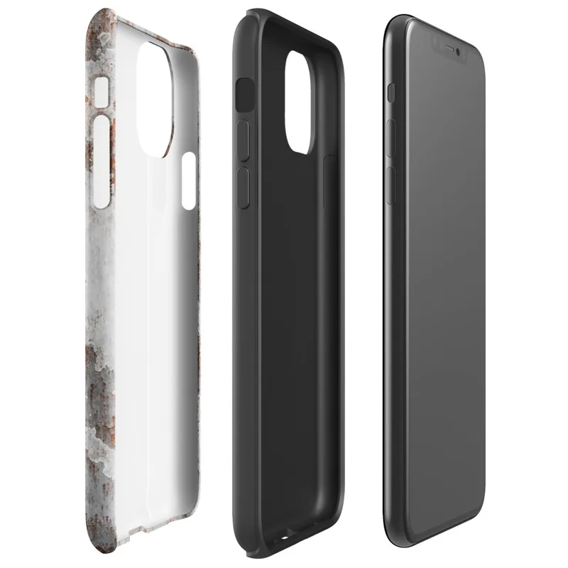 Glossy Rusted Iron Industrial Tough Case for iPhone — peeling white paint over rusted corroded metal surface in burnt