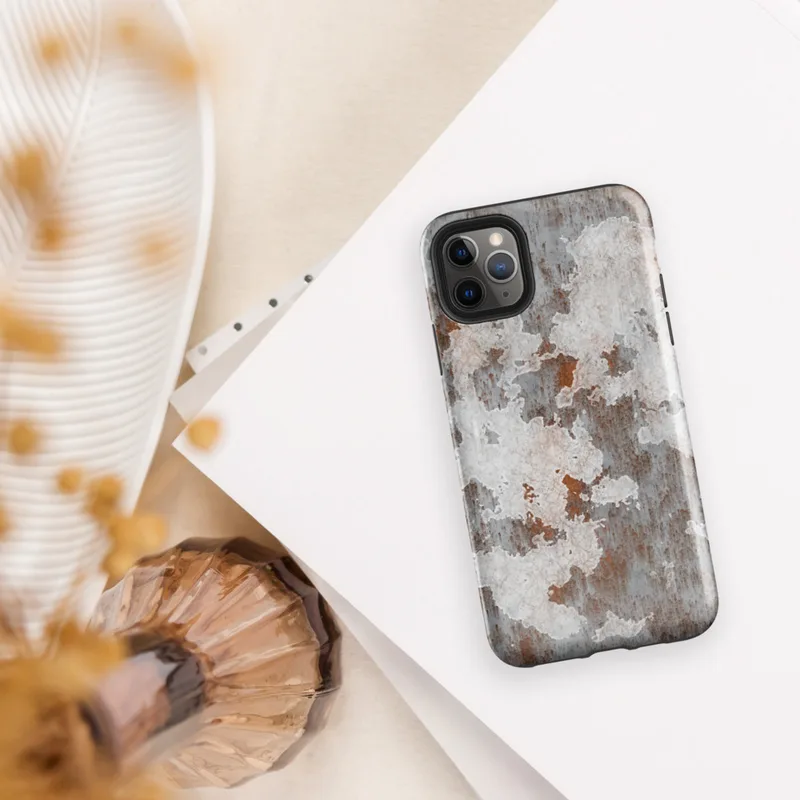 Glossy Rusted Iron Industrial Tough Case for iPhone — peeling white paint over rusted corroded metal surface in burnt