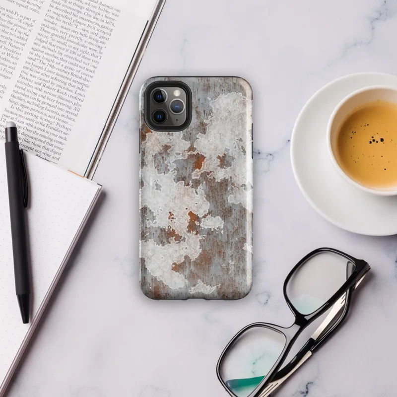 Glossy Rusted Iron Industrial Tough Case for iPhone — peeling white paint over rusted corroded metal surface in burnt