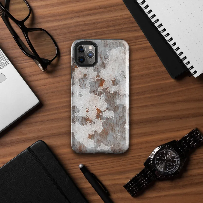 Glossy Rusted Iron Industrial Tough Case for iPhone — peeling white paint over rusted corroded metal surface in burnt