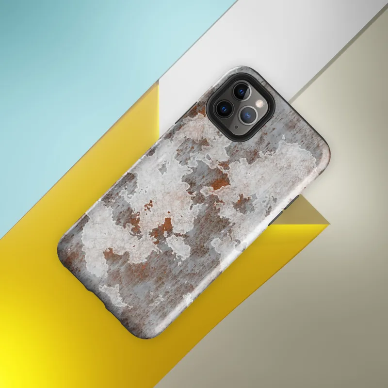 Glossy Rusted Iron Industrial Tough Case for iPhone — peeling white paint over rusted corroded metal surface in burnt