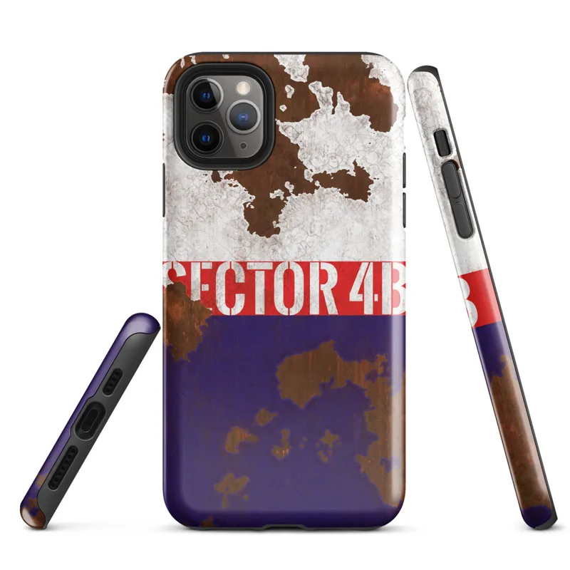 Glossy Sector 4B Industrial Zone Tough Case for iPhone — distressed tri-color flag of white, red, and navy over corroded