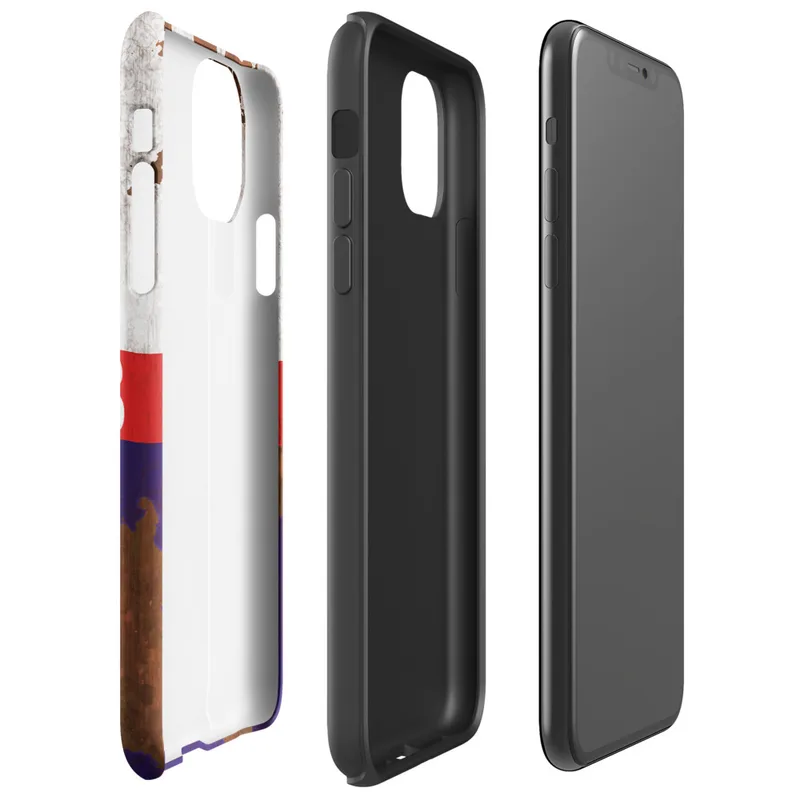 Glossy Sector 4B Industrial Zone Tough Case for iPhone — distressed tri-color flag of white, red, and navy over corroded