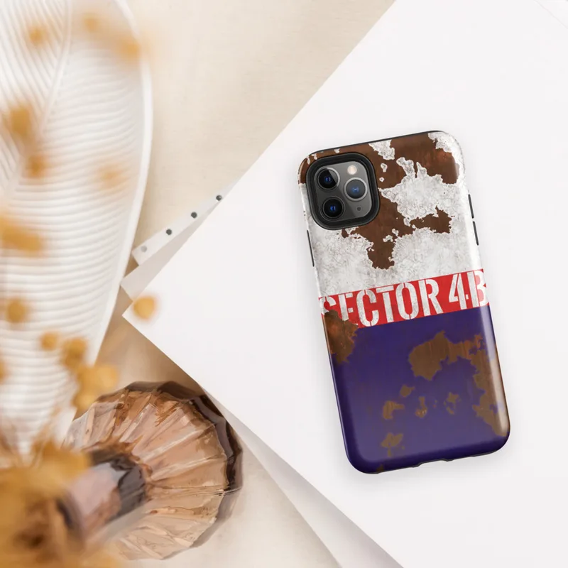 Glossy Sector 4B Industrial Zone Tough Case for iPhone — distressed tri-color flag of white, red, and navy over corroded