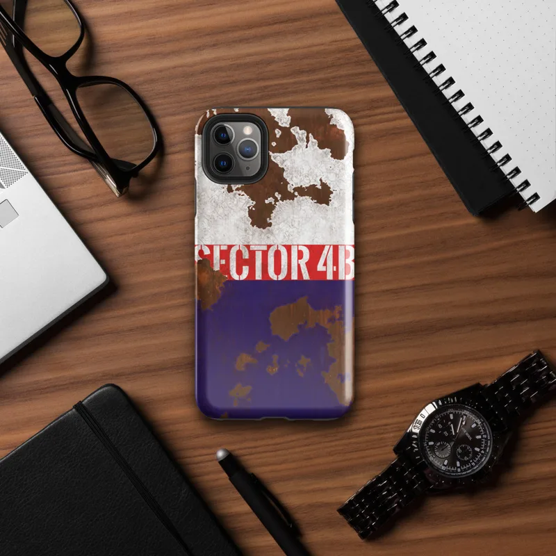Glossy Sector 4B Industrial Zone Tough Case for iPhone — distressed tri-color flag of white, red, and navy over corroded