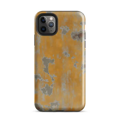 aged wall with peeling amber and golden-orange paint revealing grey plaster and exposed brick patches beneath on Glossy Urban Decay Peeling Wall Case - default view