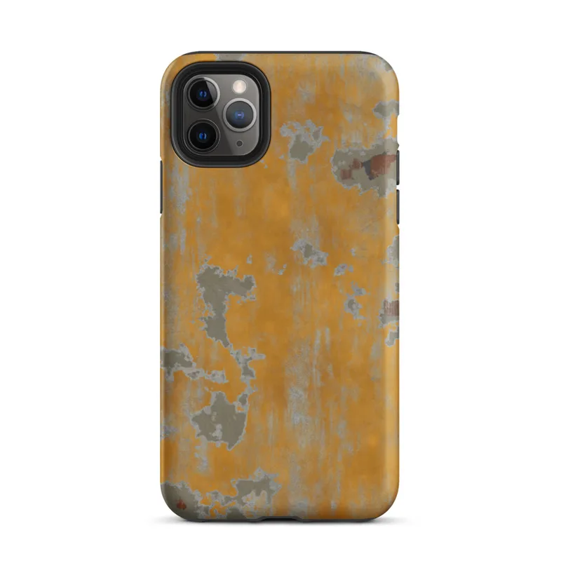 Matte Urban Decay Peeling Wall Tough Case for iPhone — aged wall with peeling amber and golden-orange paint revealing grey