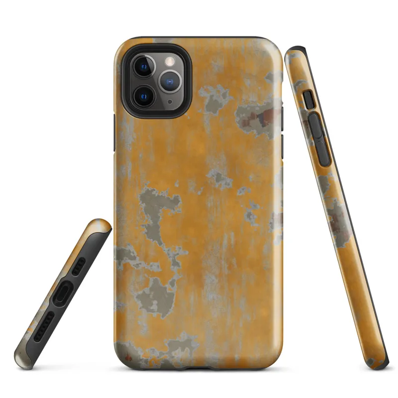 Glossy Urban Decay Peeling Wall Tough Case for iPhone — aged wall with peeling amber and golden-orange paint revealing grey