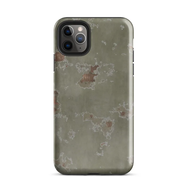 Glossy Weathered Plaster Wall Tough Case for iPhone — close-up of aged sage green plaster peeling away in irregular patches