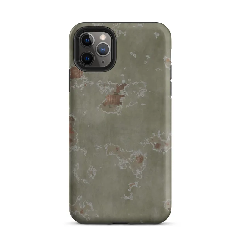 Matte Weathered Plaster Wall Tough Case for iPhone — close-up of aged sage green plaster peeling away in irregular patches