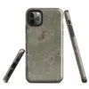 Glossy Weathered Plaster Wall Tough Case for iPhone — close-up of aged sage green plaster peeling away in irregular patches