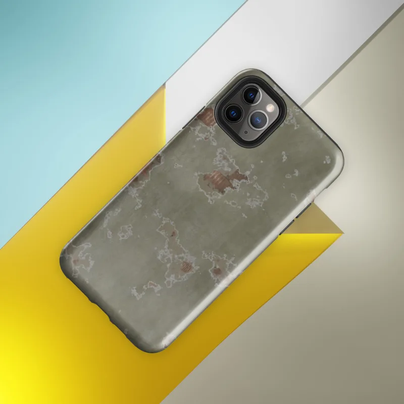 Glossy Weathered Plaster Wall Tough Case for iPhone — close-up of aged sage green plaster peeling away in irregular patches
