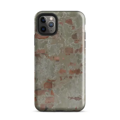 aged plaster wall peeling away to reveal terracotta brick beneath, in muted sage green, burnt sienna, and chalky white tones on Glossy Crumbling Plaster Brick Wall - default view