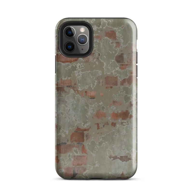 Glossy Crumbling Plaster Brick Wall Tough Case for iPhone — aged plaster wall peeling away to reveal terracotta brick
