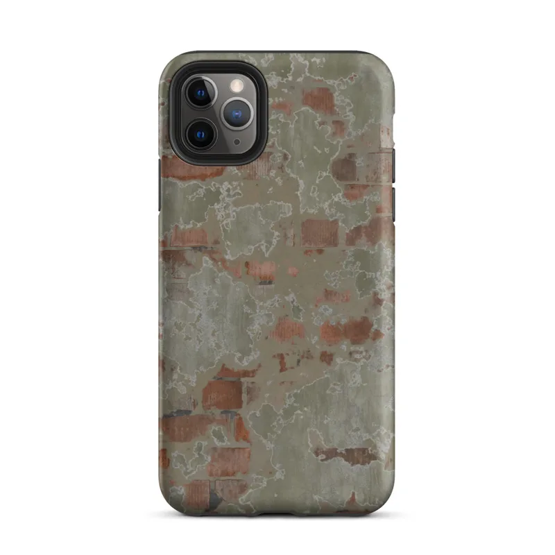 Matte Crumbling Plaster Brick Wall Tough Case for iPhone — aged plaster wall peeling away to reveal terracotta brick