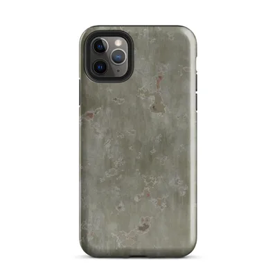 aged olive-green corroded metal surface with scattered rust spots, flaking white mineral deposits, and dark streaked oxidation patterns on Glossy Weathered Green Metal Patina - default view