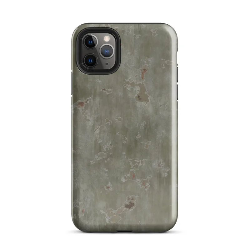 Glossy Weathered Green Metal Patina Tough Case for iPhone — aged olive-green corroded metal surface with scattered rust