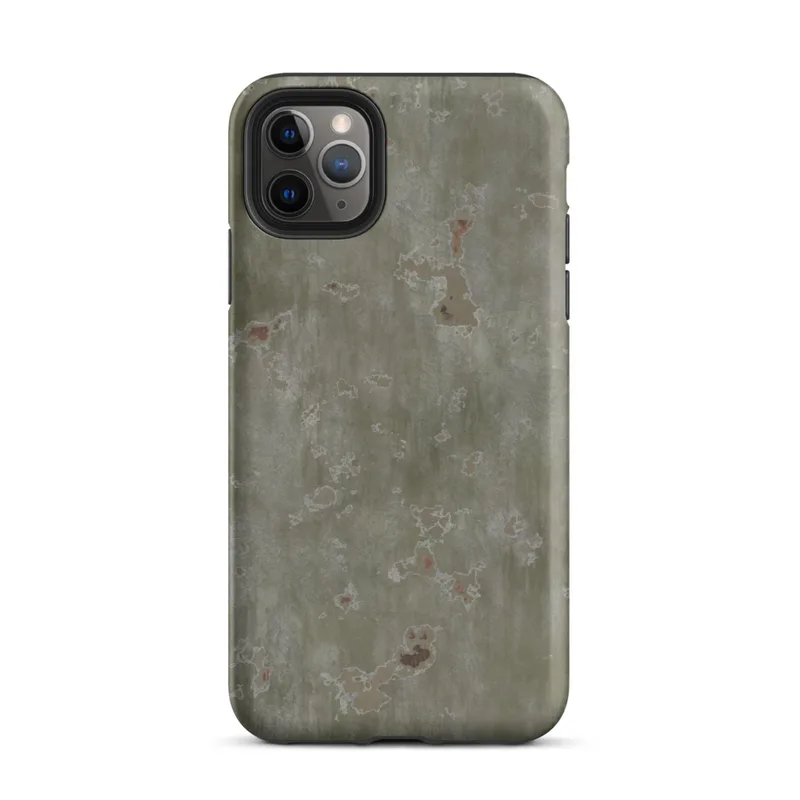 Matte Weathered Green Metal Patina Tough Case for iPhone — aged olive-green corroded metal surface with scattered rust