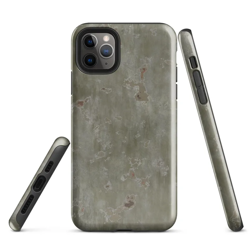 Glossy Weathered Green Metal Patina Tough Case for iPhone — aged olive-green corroded metal surface with scattered rust