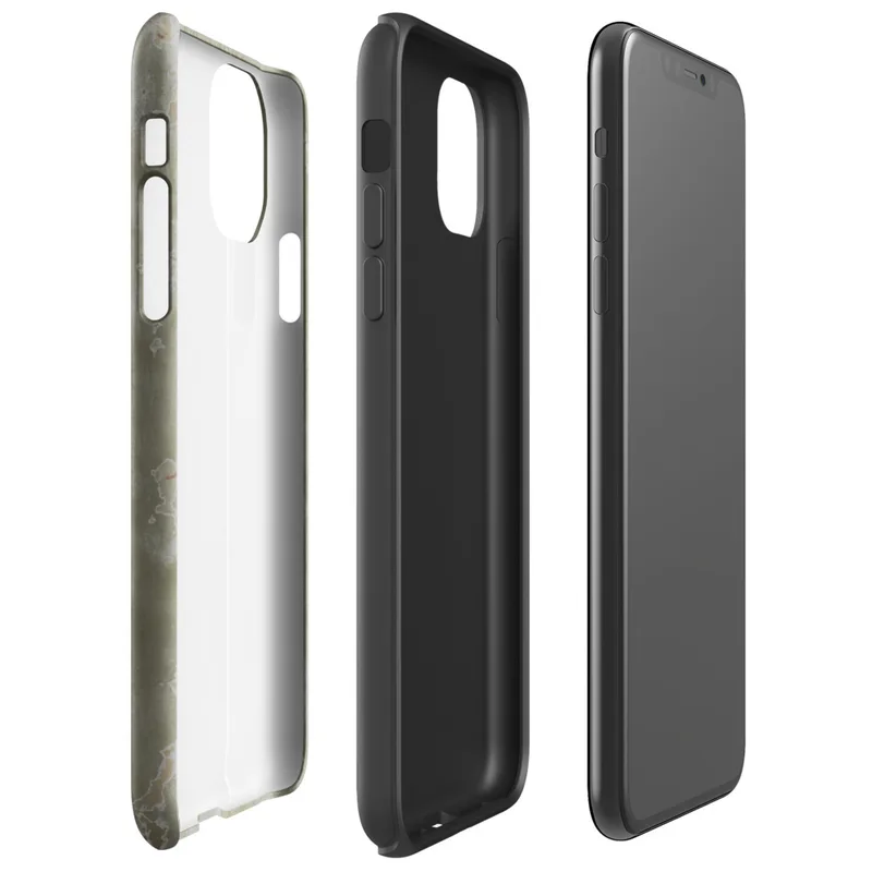 Glossy Weathered Green Metal Patina Tough Case for iPhone — aged olive-green corroded metal surface with scattered rust