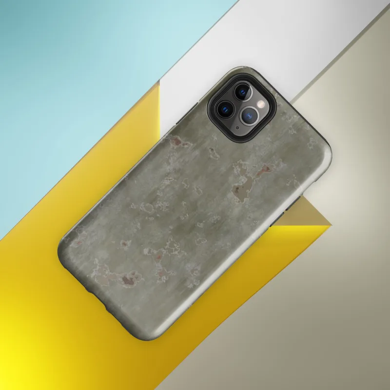 Glossy Weathered Green Metal Patina Tough Case for iPhone — aged olive-green corroded metal surface with scattered rust