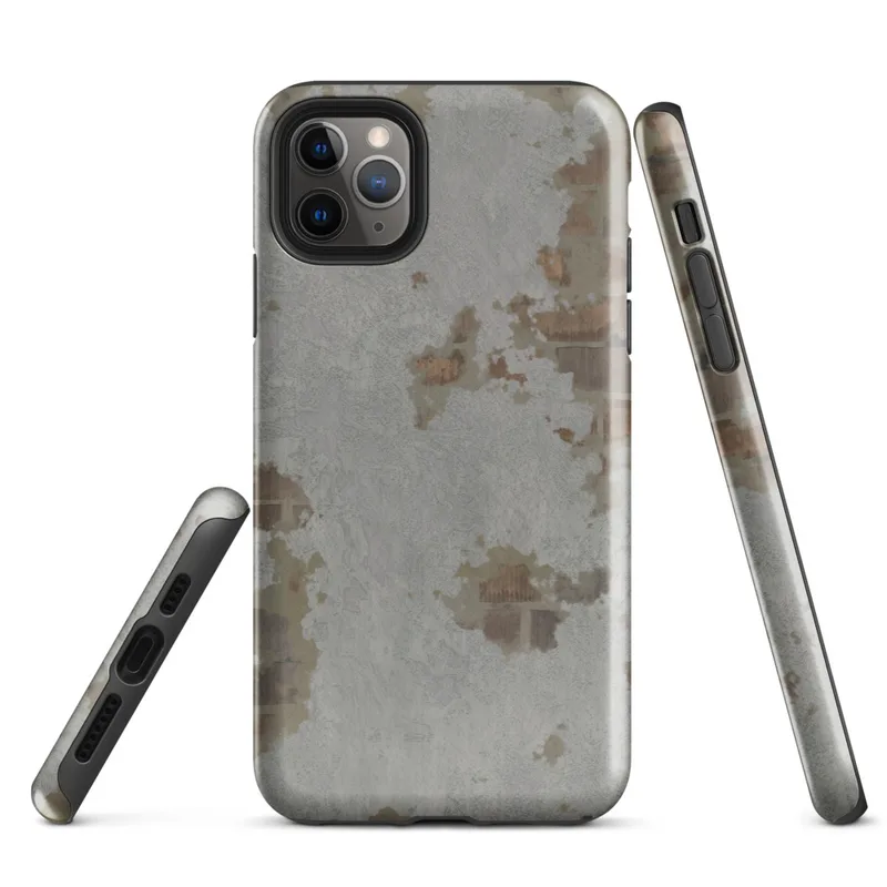 Glossy Urban Decay Rust Texture Tough Case for iPhone — weathered gray surface with scattered patches of rust, burnt sienna