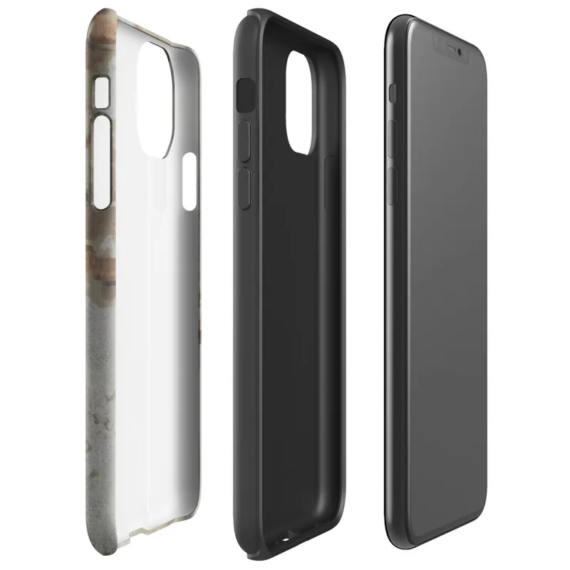 Glossy Urban Decay Rust Texture Tough Case for iPhone — weathered gray surface with scattered patches of rust, burnt sienna