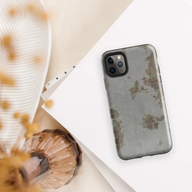 Glossy Urban Decay Rust Texture Tough Case for iPhone — weathered gray surface with scattered patches of rust, burnt sienna