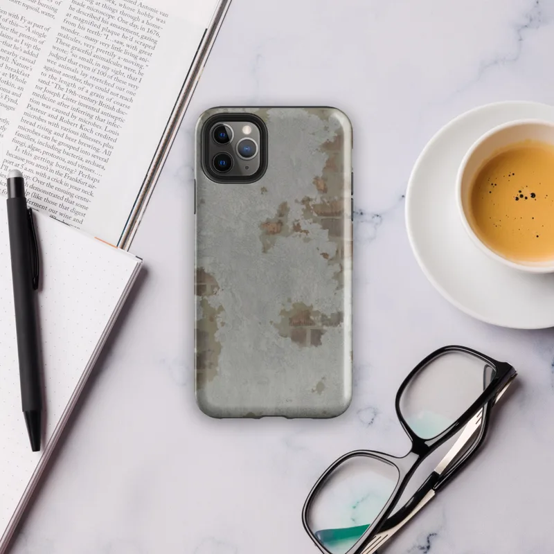 Glossy Urban Decay Rust Texture Tough Case for iPhone — weathered gray surface with scattered patches of rust, burnt sienna