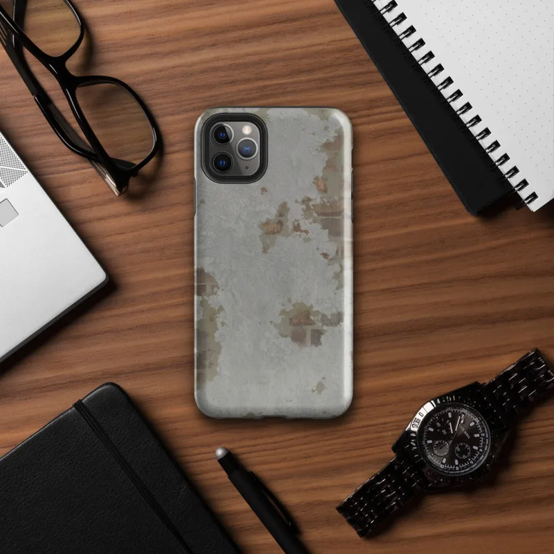 Glossy Urban Decay Rust Texture Tough Case for iPhone — weathered gray surface with scattered patches of rust, burnt sienna