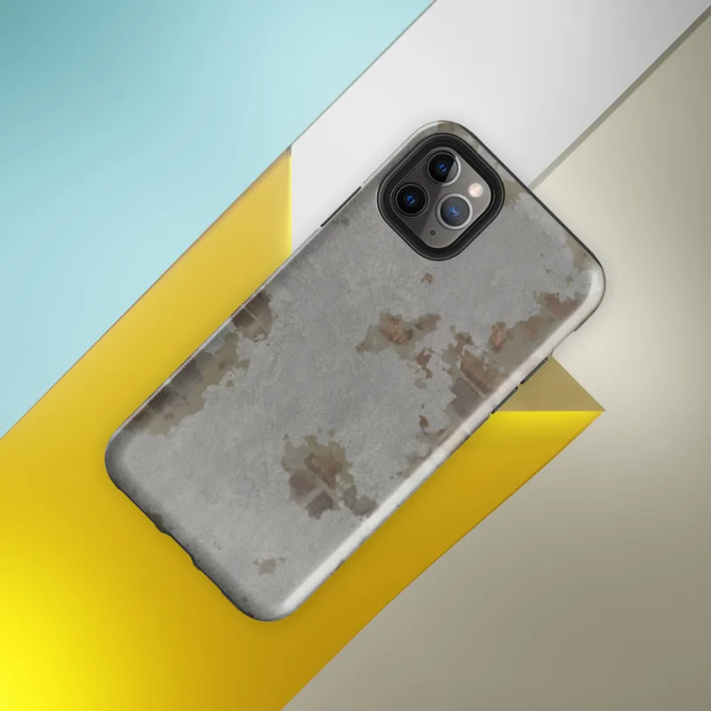 Glossy Urban Decay Rust Texture Tough Case for iPhone — weathered gray surface with scattered patches of rust, burnt sienna