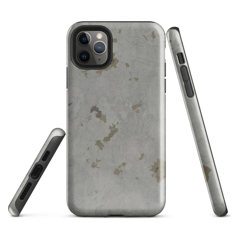 Glossy Weathered Concrete Texture Tough Case for iPhone — weathered grey concrete surface with scattered aged golden-brown