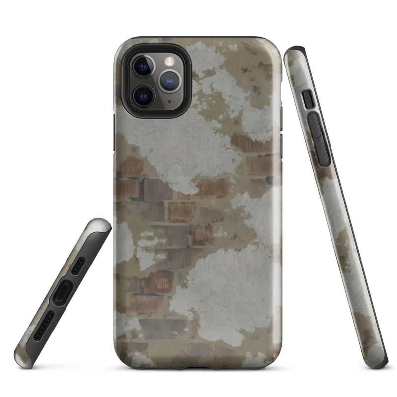 Glossy Urban Decay Exposed Brick Tough Case for iPhone — weathered wall with peeling white plaster revealing rusty brown