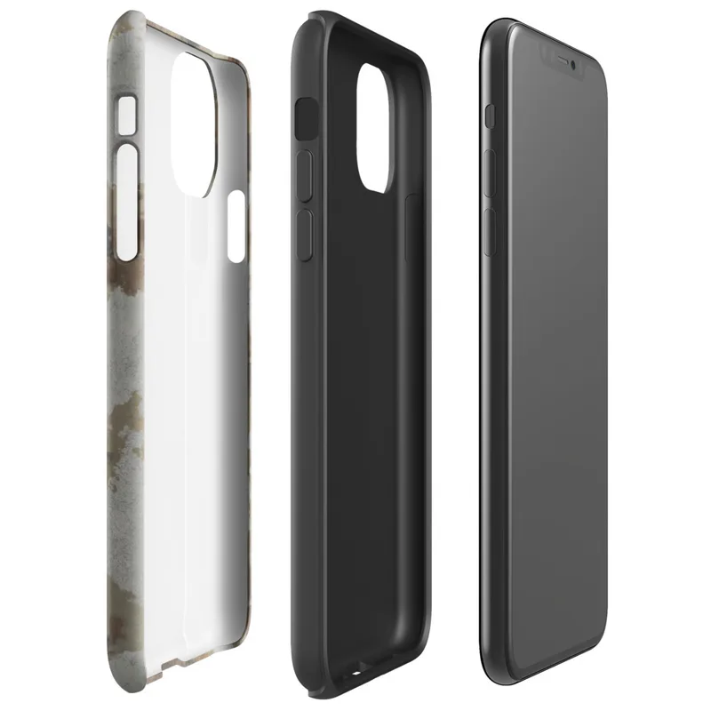 Glossy Urban Decay Exposed Brick Tough Case for iPhone — weathered wall with peeling white plaster revealing rusty brown
