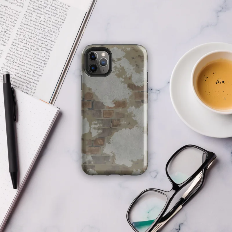 Glossy Urban Decay Exposed Brick Tough Case for iPhone — weathered wall with peeling white plaster revealing rusty brown
