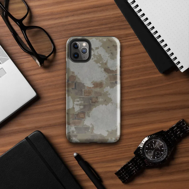 Glossy Urban Decay Exposed Brick Tough Case for iPhone — weathered wall with peeling white plaster revealing rusty brown