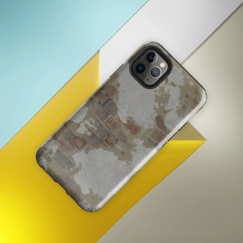 Glossy Urban Decay Exposed Brick Tough Case for iPhone — weathered wall with peeling white plaster revealing rusty brown