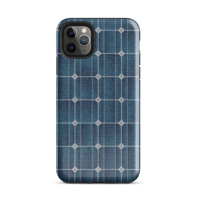 close-up repeating grid of deep navy and teal blue solar photovoltaic cells separated by silver metallic lines in a seamless mosaic pattern on Glossy Solar Grid Power Case - default view