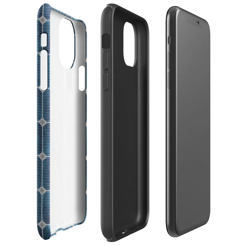 Glossy Solar Grid Power Tough Case for iPhone — close-up repeating grid of deep navy and teal blue solar photovoltaic cells