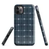 Glossy Solar Panel Tech Tough Case for iPhone — close-up repeating grid of deep navy blue octagonal solar cells with silver